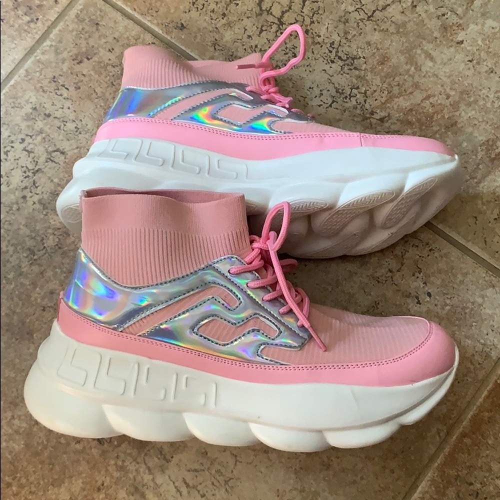 pink and holographic chunky sneakers